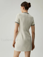 Tweed Contrast Trim Trendy Pocket Mini Dress Dresses