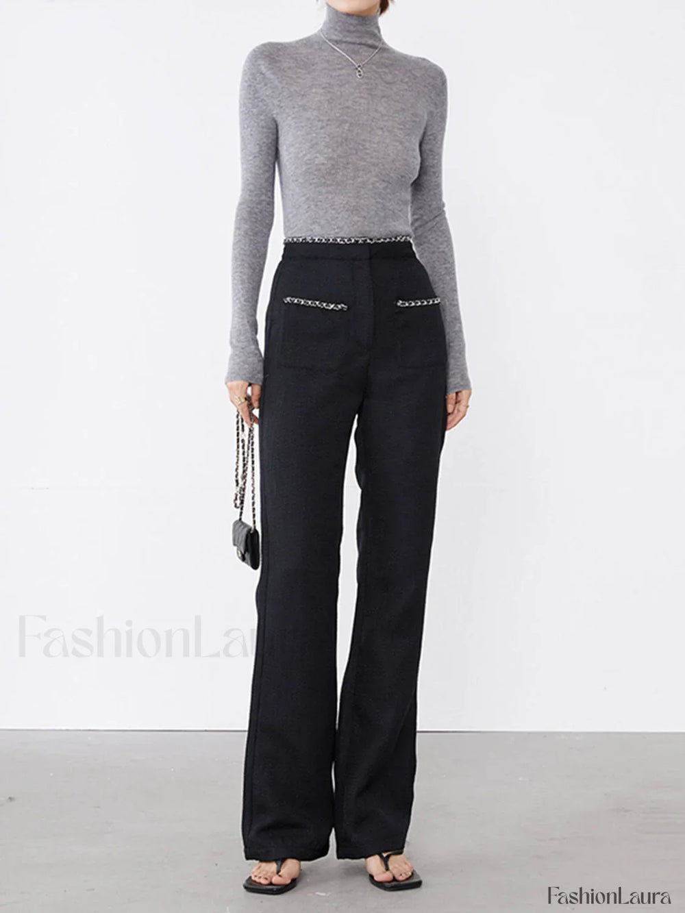 Tweed Contrast Trim Trendy Pocket Straight Leg Pants Pants