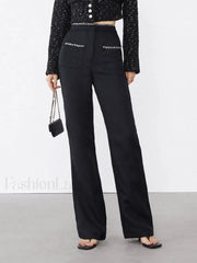 Tweed Contrast Trim Trendy Pocket Straight Leg Pants Black / XS Pants