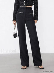 Tweed Contrast Trim Trendy Pocket Straight Leg Pants Black / XS Pants