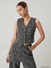 Tweed Metallic Graceful Button Vest Black / XS Vests