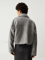 Tweed Open Collar Trendy Zip Up Crop Jacket Jackets