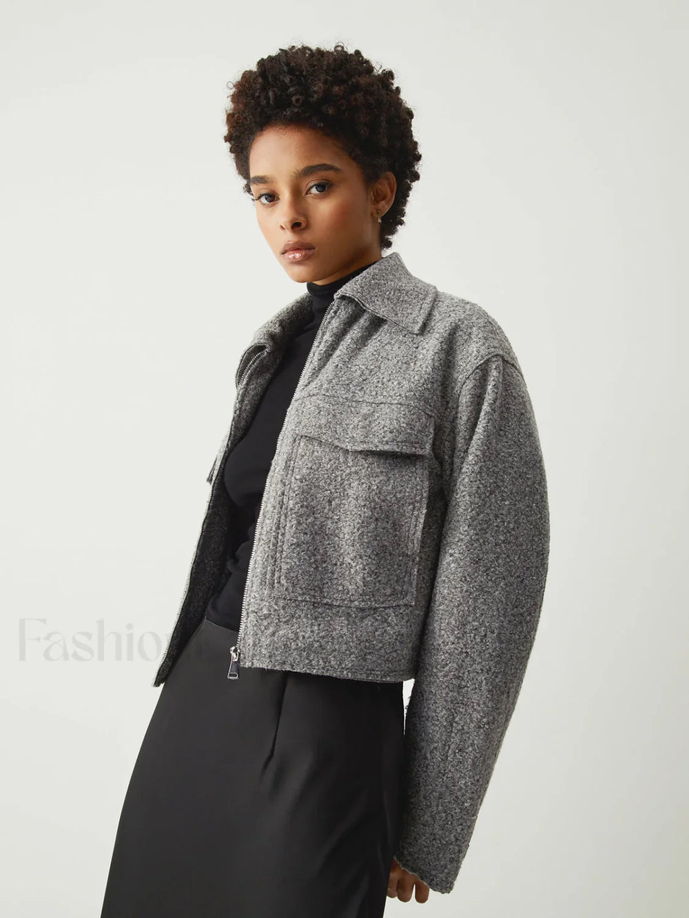 Tweed Open Collar Trendy Zip Up Crop Jacket Jackets