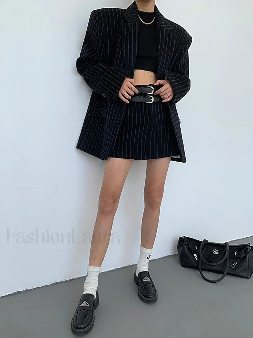 Tweed Pinstripe Graceful Oversized Blazer Blazers