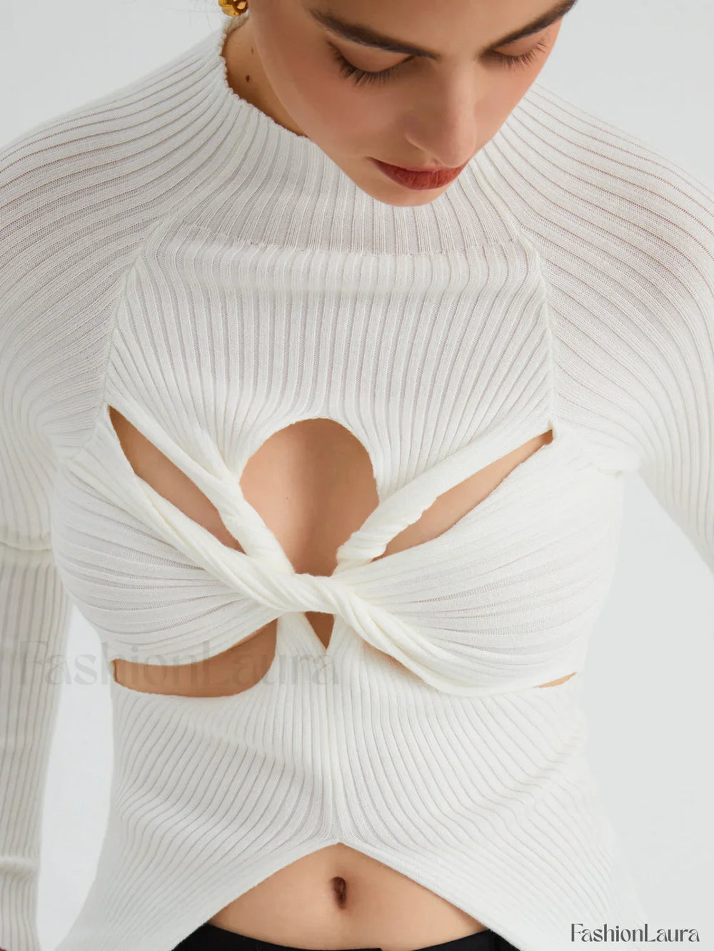 Twist Cutout Rib Trendy Long Sleeve Top Sweaters L