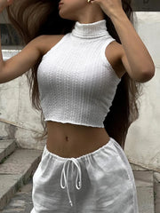 Twist Decor Textured Trendy Turtle Neck Tank Top Tank Tops & Camis