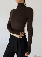 Two Tone Double Sided Modern Long Sleeve Knit Top Dark Brown / XS Sweaters L