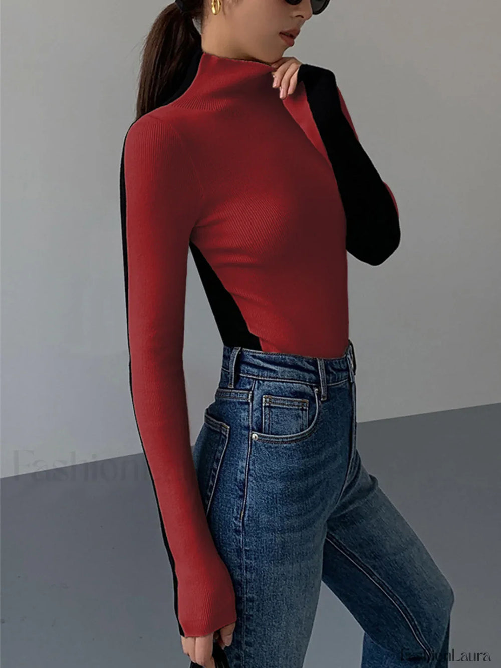 Two Tone Double Sided Modern Long Sleeve Knit Top Sweaters L