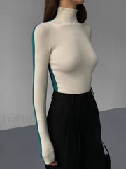 Two Tone Double Sided Modern Long Sleeve Knit Top Sweaters L