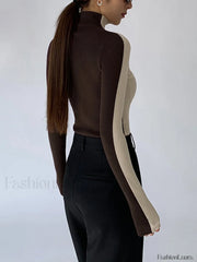Two Tone Double Sided Modern Long Sleeve Knit Top Sweaters L