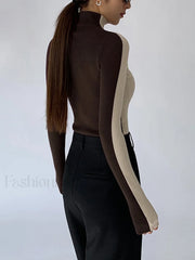 Two Tone Double Sided Modern Long Sleeve Knit Top Sweaters L