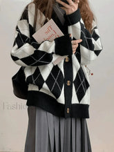 V Neck Argyle Pattern Knit Cardigan Black / ONE SIZE Sweaters