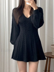 V Neck Cable Knit Long Sleeve Mini Dress Black / ONE SIZE Mini Dresses