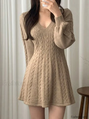 V Neck Cable Knit Long Sleeve Mini Dress Camel / ONE SIZE Mini Dresses