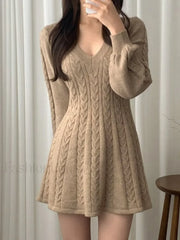 V Neck Cable Knit Long Sleeve Mini Dress Camel / ONE SIZE Mini Dresses