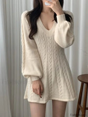 V Neck Cable Knit Long Sleeve Mini Dress Mini Dresses