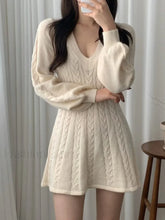 V Neck Cable Knit Long Sleeve Mini Dress Mini Dresses
