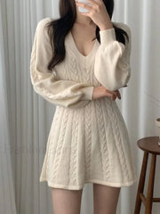 V Neck Cable Knit Long Sleeve Mini Dress Mini Dresses