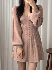 V Neck Cable Knit Long Sleeve Mini Dress Mini Dresses