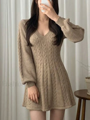 V Neck Cable Knit Long Sleeve Mini Dress Mini Dresses