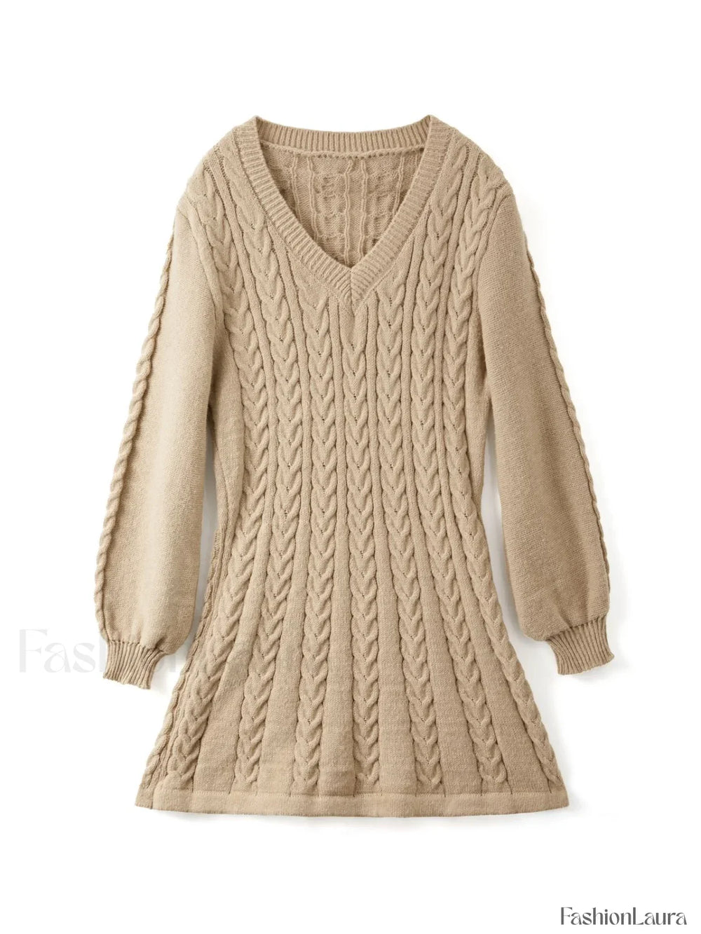 V Neck Cable Knit Long Sleeve Mini Dress Mini Dresses