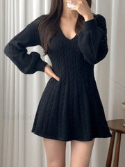 V Neck Cable Knit Long Sleeve Mini Dress Mini Dresses