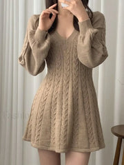 V Neck Cable Knit Long Sleeve Mini Dress Mini Dresses