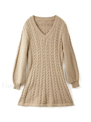 V Neck Cable Knit Long Sleeve Mini Dress Mini Dresses