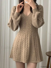V Neck Cable Knit Long Sleeve Mini Dress Mini Dresses