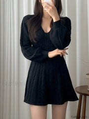 V Neck Cable Knit Long Sleeve Mini Dress Mini Dresses