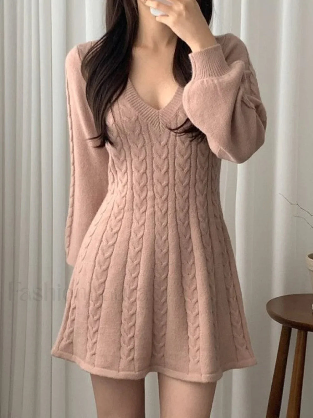 V Neck Cable Knit Long Sleeve Mini Dress Pink / ONE SIZE Mini Dresses