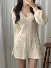 V Neck Cable Knit Long Sleeve Mini Dress White / ONE SIZE Mini Dresses