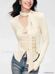 V neck Draped Floral Detail Modern Blouse with Matching Scarf Blouses