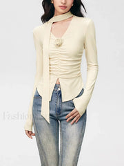 V neck Draped Floral Detail Modern Blouse with Matching Scarf Yellow / XS Blouses