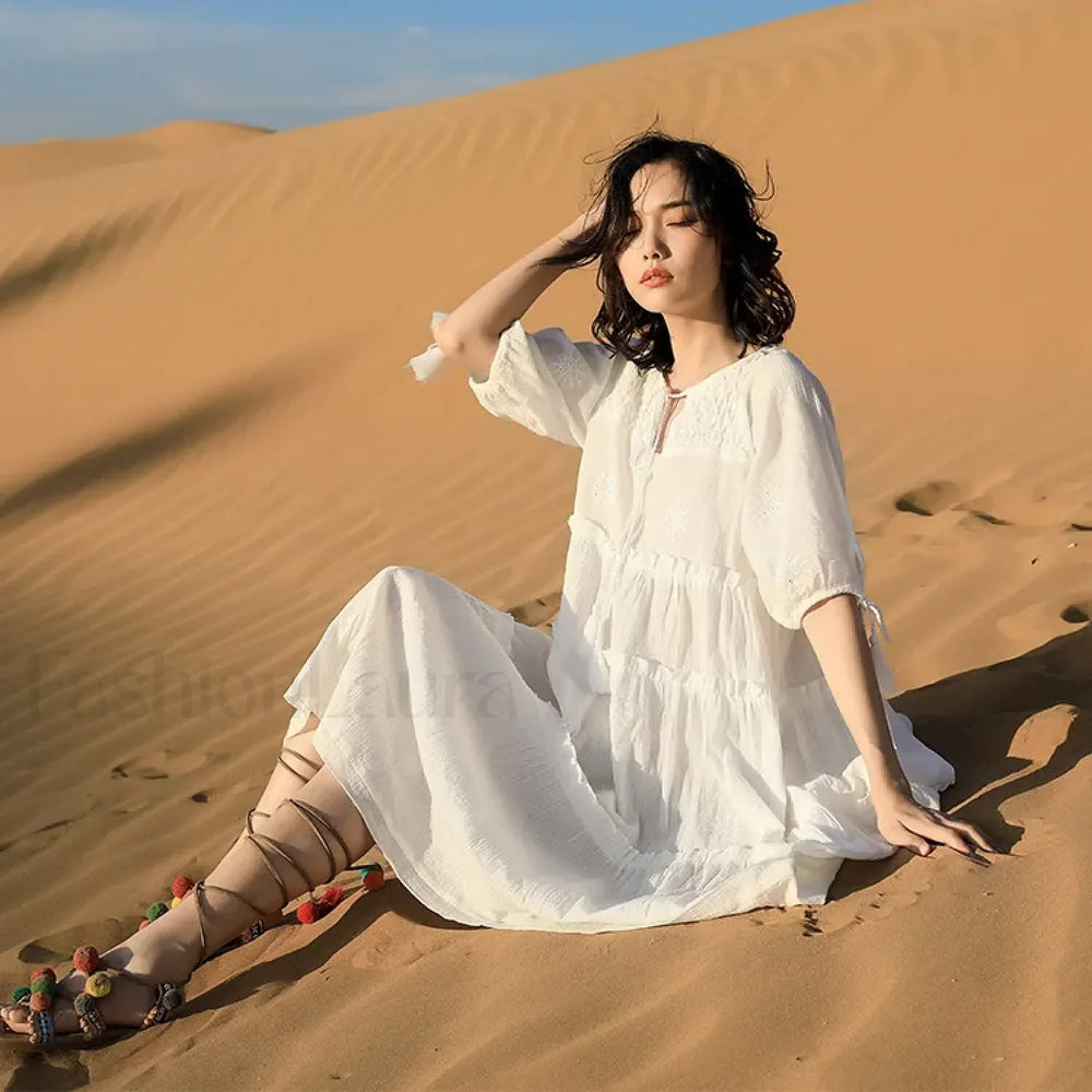 V Neck Embroidery Midi Boho Dress WHITE / S