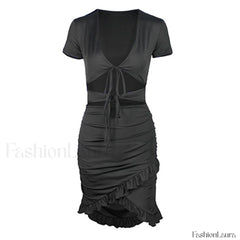 V Neck Floss Strap Ruched Bodycon Party Mini Dress Black M / Black Party Dresses L