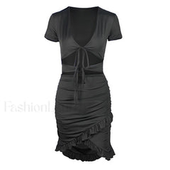 V Neck Floss Strap Ruched Bodycon Party Mini Dress Black M / Black Party Dresses L