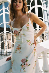 V Neck Lace Up Floral Retro Fishtail Dress Pure Desire Maxi Style