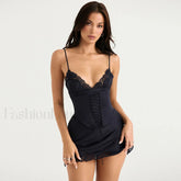 V Neck Lace Up Side Split Bodycon Slip Mini Dress Black S / Black Party Dresses L