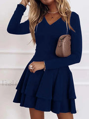 V Neck Long Sleeve Ruffle Midi Dress Midi Dresses