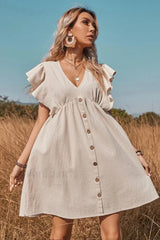V Neck One Row Button Flared Pastoral Mini Dress