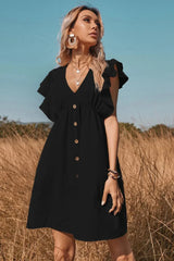 V Neck One Row Button Flared Pastoral Mini Dress