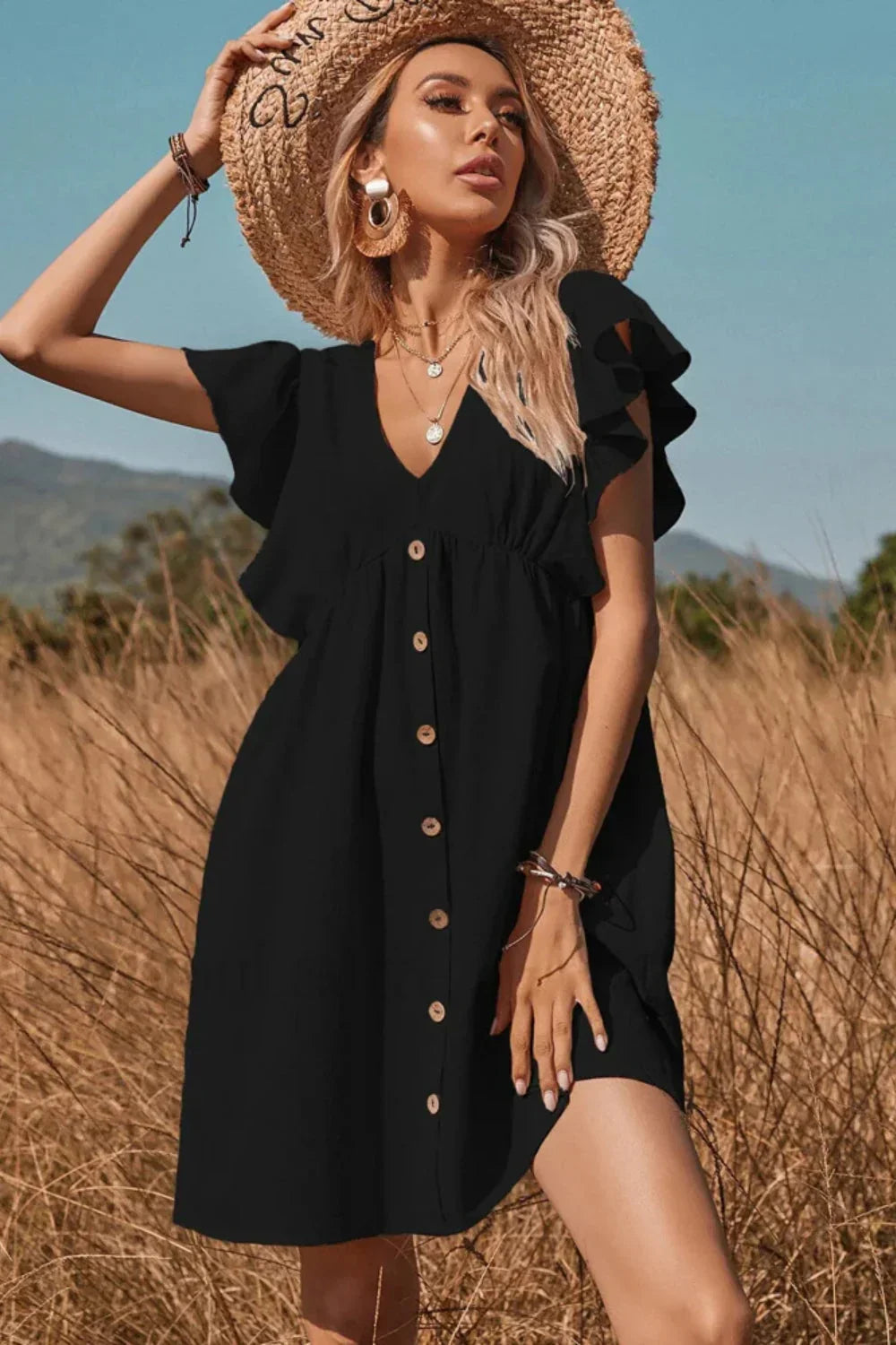V Neck One Row Button Flared Pastoral Mini Dress Black / XS