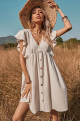 V Neck One Row Button Flared Pastoral Mini Dress Khaki / XS