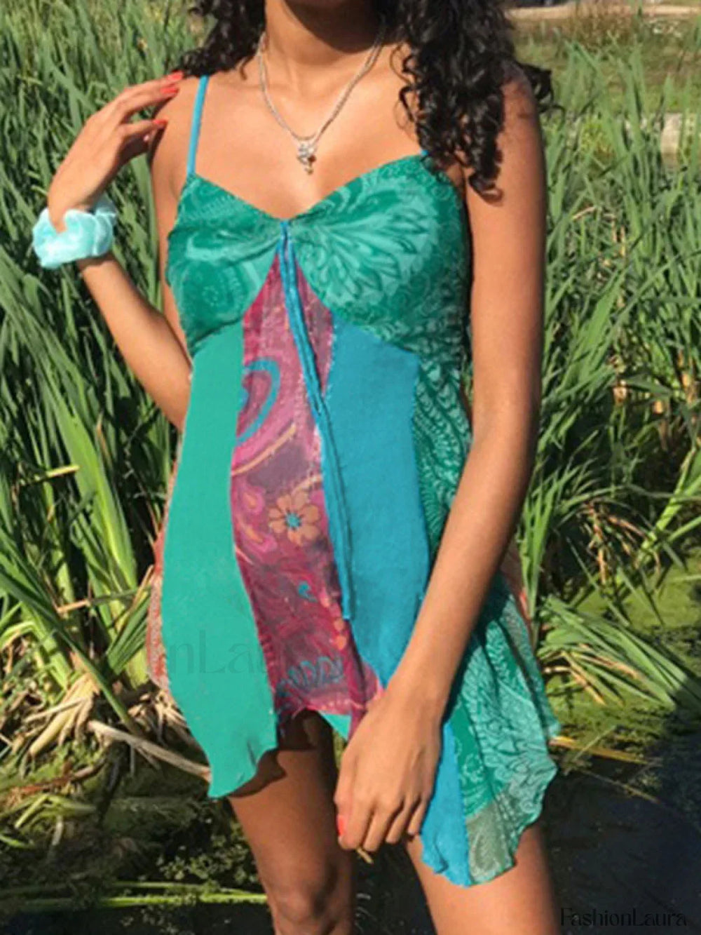 V Neck Patchwork Mini Dress Mini Dresses