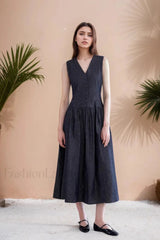 V Neck Pocket Loose Sleeveless Casual Maxi Dress Navy blue / S
