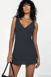 V-Neck Polka Dot Tie Waist Mini Dress Black / S