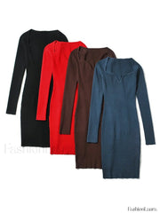 V Neck Ribbed Knit Long Sleeve Mini Dress Mini Dresses