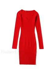 V Neck Ribbed Knit Long Sleeve Mini Dress Mini Dresses