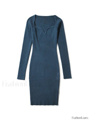 V Neck Ribbed Knit Long Sleeve Mini Dress Mini Dresses